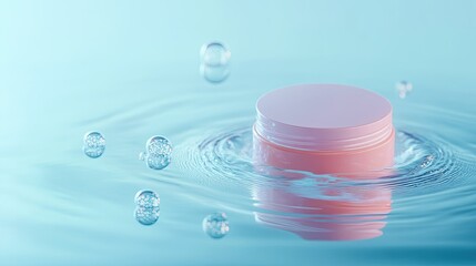 Poster - Tranquil Scene of a Pink Cosmetic Cream Jar Surrounded by Gentle Water Ripples and Bubbles, Ideal for Skincare and Beauty Product Promotions