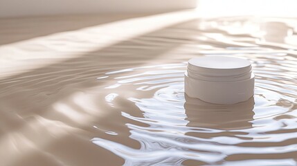 Poster - Serene Skincare Product Displayed on a Calm Surface with Soft Light and Gentle Ripples Creating a Relaxing and Tranquil Atmosphere for Beauty and Wellness Themes
