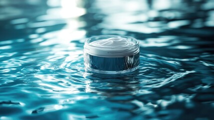 Poster - Stylish Skincare Cream Jar Floating in Tranquil Blue Water, Perfect for Beauty and Wellness Advertisements, Featuring a Serene and Refreshing Atmosphere for Natural Products