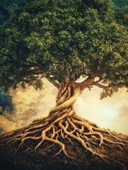 Leinwandbilder - This artwork illustrates a tree of life, showcasing intertwined branches and roots that symbolize growth and deep interconnectedness in nature. Generative AI