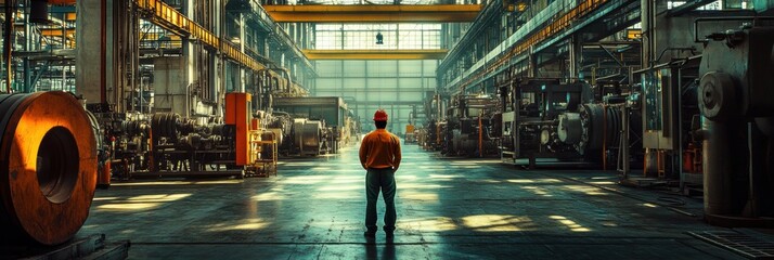 Leinwandbilder - An engineer stands thoughtfully in an expansive factory filled with machinery, observing the industrial processes and equipment around him. Generative AI