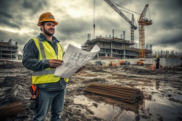 Fototapete - An engineer stands on a construction site, holding blueprints and monitoring the work under cloudy skies, with cranes operating in the background. Generative AI