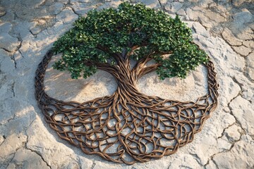 Leinwandbilder - A tree of life stands amidst cracked soil, its branches and roots entwined, representing growth, resilience, and connection through nature. Generative AI