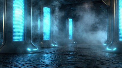 Poster - Futuristic Sci-Fi Corridor with Glowing Blue Columns and Misty Atmosphere, Ideal for Concepts of Technology, Science Fiction, and Advanced Environments in Digital Art