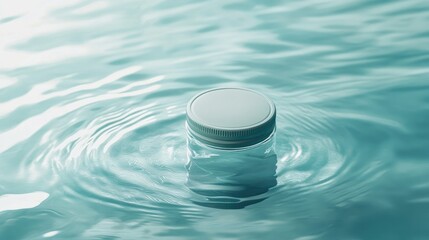 Poster - Clear Container Floating in Calm Water, Creating a Serene and Tranquil Atmosphere Perfect for Wellness, Eco-Friendly, or Spa-Themed Visuals in Stock Photography