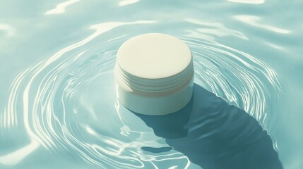 Poster - Soothing Cream Container Floating in Calm Water, Representing Tranquility, Relaxation, and Refreshing Skincare Experience