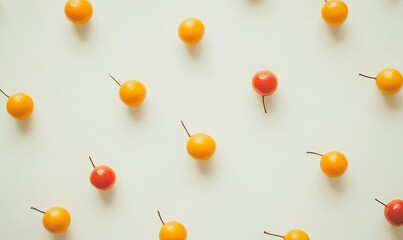 Flat lay of vibrant yellow and red small fruits arranged in a repeating pattern on a white background.