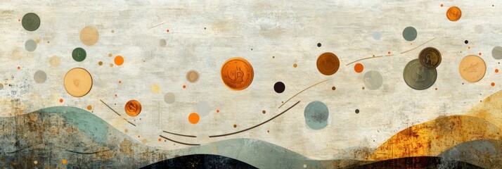 Leinwandbilder - Falling coins and stylized price tags create a dynamic composition of shapes and colors against a textured backdrop, evoking a sense of movement. Generative AI