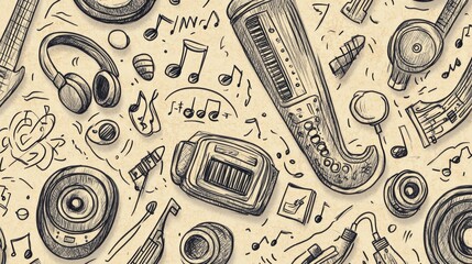 Poster - Intricate doodle pattern features various musical instruments, notes, headphones, speakers, and sound waves celebrating music culture. Generative AI