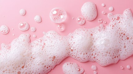 Poster - Soft Pink Background with Bubbles and Foam, Perfect for Beauty and Cleaning Products, This Image Captures Delicate Textures and Refreshing Cleanliness