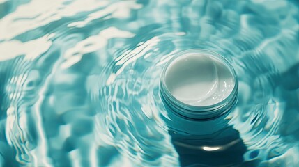 Poster - Serene Scene of a Moisturizing Cream Jar Surrounded by Gentle Ripples in Refreshing Blue Waters Invoking Calmness and Beauty in Skincare Rituals
