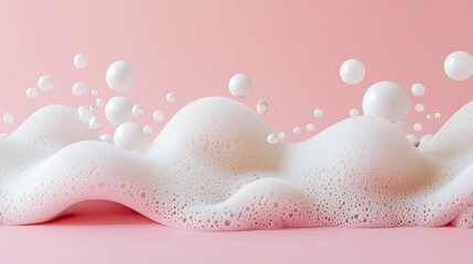 Poster - White soap foam bubbles arranged in a wave-like pattern on a smooth pink background.
