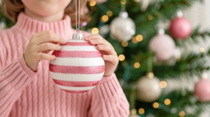 Wall Mural - Child decorating a Christmas tree ornament.
