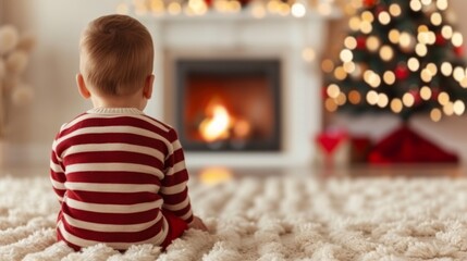 Wall Mural - Child gazing at a cozy Christmas scene.