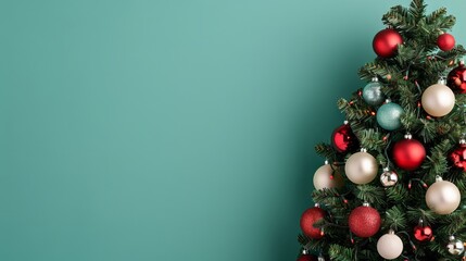 Wall Mural - Christmas tree decorated with ornaments against a wall.