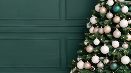 Wall Mural - Christmas tree adorned with ornaments against a green wall.