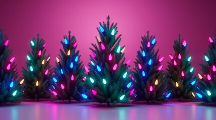 Wall Mural - Colorful Christmas trees illuminated with festive lights.