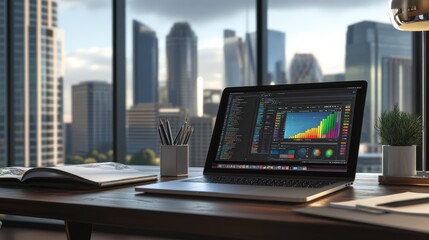 Poster - Modern Workspace with Laptop and Charts Overlooking Urban Cityscape, Featuring Tools for Data Analysis, Business Growth, and Productivity in a Bright Sunlit Office Environment