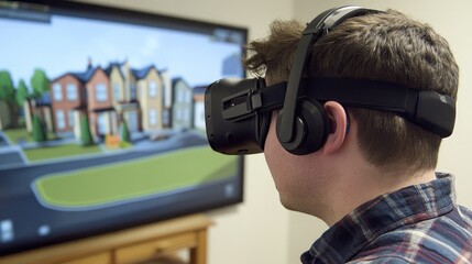 Poster - Young man experiencing virtual reality technology while viewing a virtual home design on a large screen, showcasing modern innovation in architecture and simulation.