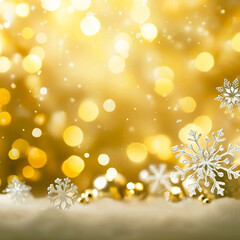 Wall Mural - christmas golden bokeh background with some big snowflakes and snow infront