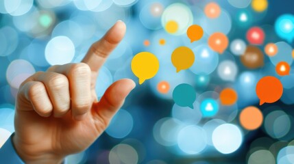 Poster - A hand points towards colorful speech bubbles on a blurred background, symbolizing communication and interaction in a digital age.