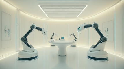 Poster - Futuristic Laboratory with Advanced Robots in Sleek Environment for Innovative Research and Development, Showcasing Cutting-Edge Technology and Minimalistic Design