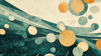 Leinwandbilder - Stylized drawing features an abstract representation of falling coins and price tags, symbolizing value and the flow of commerce in lively motion. Generative AI