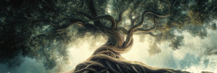 Poster - A large, abstract tree of life stands tall with twisted branches and roots, representing the beauty of nature and connections among living beings. Generative AI