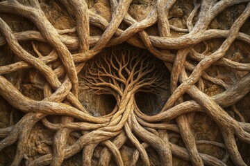 Leinwandbilder - Intertwining branches and deep roots create a captivating depiction of the tree of life, symbolizing growth and connection in nature. Generative AI