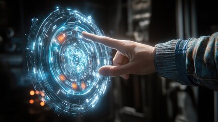 Poster - Futuristic Digital Interface with Holographic Display, Hand Interacting with Vivid Neon Circles and Glowing Elements in a High-Tech Environment