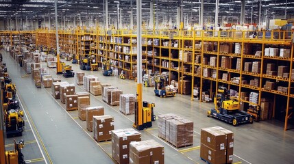 Poster - Aerial View of a Modern Warehouse with Organized Storage Aisles, Forklifts, and Stackable Boxes Ready for Distribution and Inventory Management