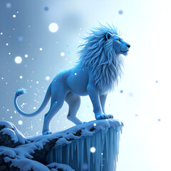 Wall Mural - Regal blue lion standing on ice with a snowy background, exuding a mystical aura and commanding presence, digital art of fantasy concept.