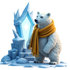 Wall Mural - A cozy polar bear stands near a glowing ice portal amidst a snowy landscape with a warm scarf, 3d rendering of fantasy illustration concept.