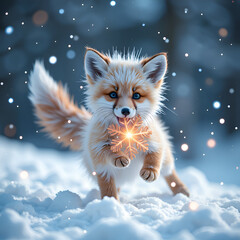 Wall Mural - Playful fox cub chasing a snowflake in a winter wonderland, digital painting of animal portrait concept.