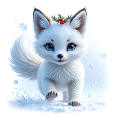 Wall Mural - Cute arctic fox with a holiday crown running in a snowy landscape, digital art of fantasy illustration concept.