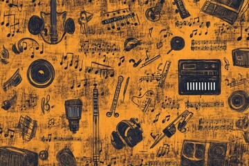 Poster - Intricate doodle design showcasing musical instruments, notes, headphones, and sound waves on a vivid background for inspiration. Generative AI