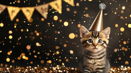 cute animals wearing party hats and holding. A festive kitten wears a party hat, surrounded by golden confetti and decorations, creating a playful and celebratory atmosphere.