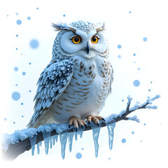Wall Mural - A majestic owl perched on a snow covered branch amidst gentle snowfall, digital art of fantasy concept.