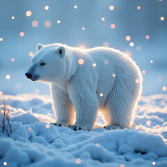 Wall Mural - A majestic polar bear walking through sparkling snow on a cold winter day, photography of wildlife concept.