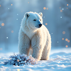 Wall Mural - A majestic polar bear standing gracefully in a snowy landscape surrounded by delicate snowflakes and soft evening light, digital painting of nature concept.