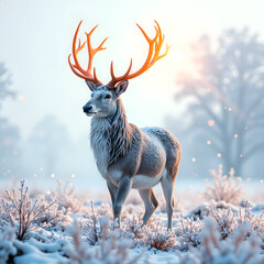 Wall Mural - A majestic stag stands in a snowy landscape with glowing antlers under soft morning light, digital art of fantasy concept.