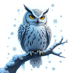 Wall Mural - Majestic owl perched on a snowy branch amidst gentle winter flurries and icy details, digital art of wildlife illustration concept.
