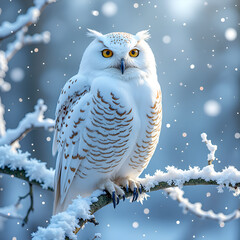 Wall Mural - Majestic snowy owl perched on a frosty branch amidst a snowy winter wonderland, photography of nature concept.