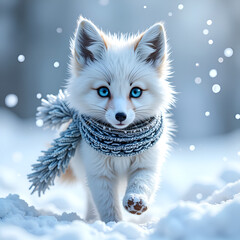 Wall Mural - A playful arctic fox in a cozy scarf amidst a snowy wonderland, photorealistic of animal portrait concept.