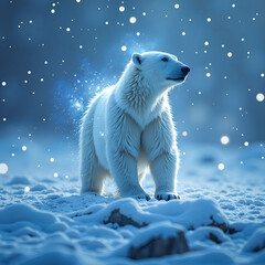 Wall Mural - A polar bear amidst enchanted snowfall in a wintry wonderland, digital painting of wildlife art concept.