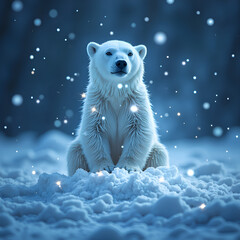 Wall Mural - A serene polar bear amidst a snowy landscape, gazing attentively while soft snowflakes gently fall around in a tranquil winter setting, photorealistic of wildlife portrait concept.