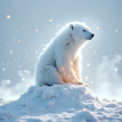 Wall Mural - majestic polar bear sitting on snowy summit with glittering snowflakes in soft light, digital painti