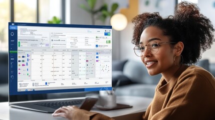 Poster - A woman interacts with a computer displaying data analytics on a modern workspace.