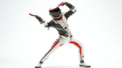 Poster - A figure in a racing suit poses dramatically, showcasing a blend of sport and performance art.