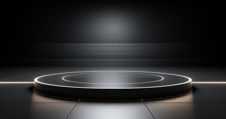 Poster - Illuminated Circular Platform Against Dark Brick Wall